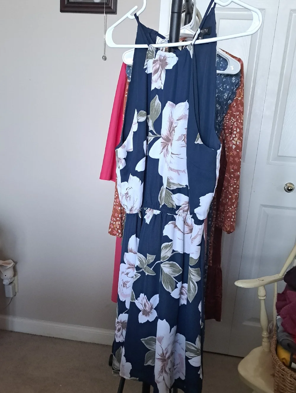 Dynamite Navy Floral Halter Midi Dress with White & Green Blooms - Picture 2 of 6